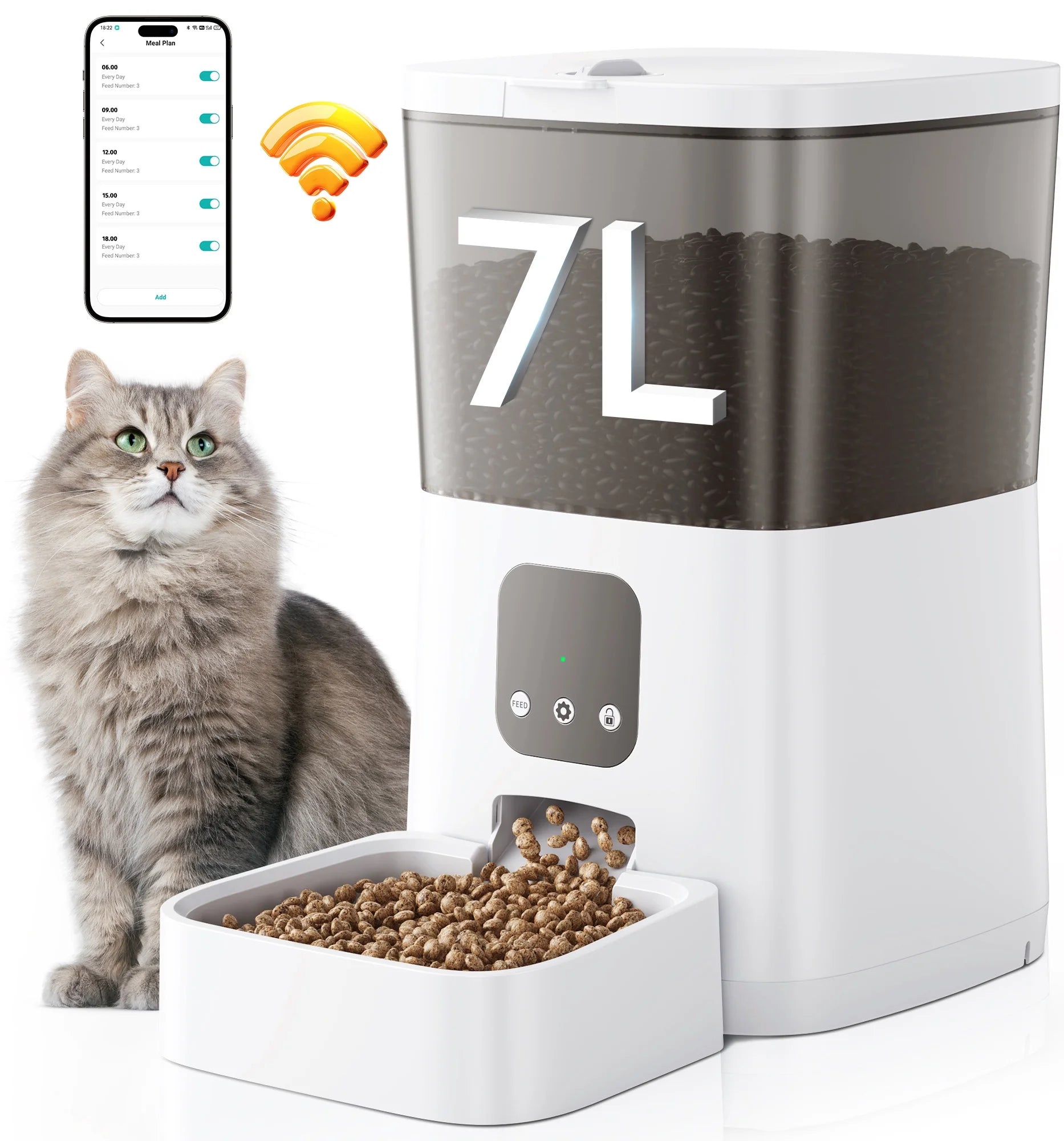 7L Automatic Smart Food Dispenser Pet Feeder, Wi-Fi Timed with APP Remote Feeding for Cats and Dogs White 13.10 X 6.50 X 12.60 In